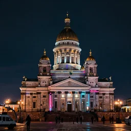 city in russia 2 0 7 7, petersburg at night, cathedral, neon lights, punk, grunge, cyberpunk