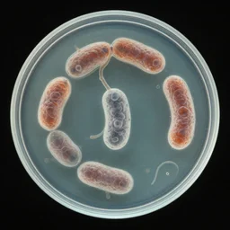 microscopic petri dish photo of a transparent sectioned morbius bacteria, microscopic photo, morbin ', dark black background, fluids inside