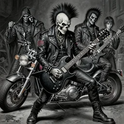 a portrait of the grim reaper as a punk rocker playing an electric guitar, punk, skeleton face, mohawk, dark, fantasy, leather jackets, spiked collars, spiked wristbands, piercings, boots, electric guitars, motorcycles, ultrafine detailed painting by frank frazetta and vito acconci and michael whelan and takeshi obata, death note style, detailed painting, photoshop details