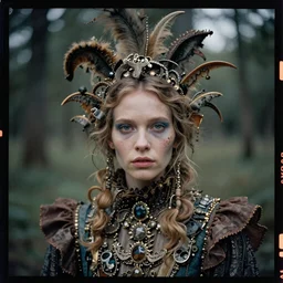 kodak portra 4 0 0, wetplate, photo of a surreal artsy dream scene,, weird fashion, in the nature, highly detailed face, beautiful face, swedish model, portrait, expressive eyes, close up, extravagant dress, carneval, animal, wtf, photographed by paolo roversi style and julia hetta
