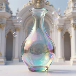 unfinished klein bottle sculptural, chroma iridescence, colors, glassy, reflective and refractive, soap bubbles floating, baroque architecture