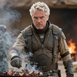 Guy Fieri as a Fremen in Dune barbecuing, blue eyes, stillsuit, cinematic, panavision 65mm film