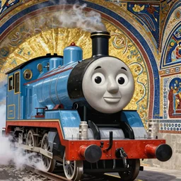 portrait of thomas the tank engine, in a byzantine mosaic