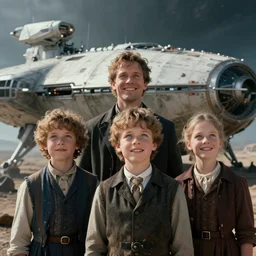 extra sharp, detailed, film from a blockbuster sci fi 8 k color movie, set in 1 8 6 0, family standing in front of a crashed spaceship, on alien planet, looking happy, wearing 1 8 5 0 s era clothes, atmospheric lighting, auto focus, reflective eyes, 3 5 mm macro lens, live action, nice composition, good photography, clear facial details