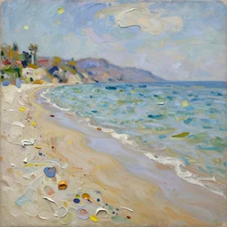 oil paint impasto relief, beautiful painting of a sunny italian beach scene, multi layered thick brush marks, some splattered paint, in the style of monet and frank auerbach