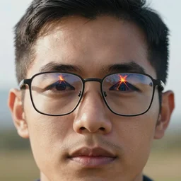 a closeup of a man's face wearing glasses. a reflection in the glasses shows an erupting volcano