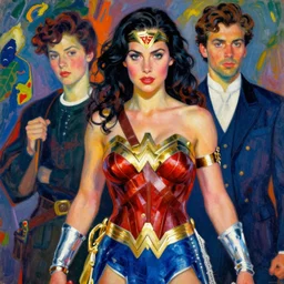 portrait of katie mcgrath as wonder woman by ashley wood, yoji shinkawa, jamie hewlett, 6 0's french movie poster, french impressionism, vivid colors, palette knife and brush strokes