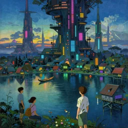 a beautiful painting of a dystopian science fictionlandscape, a lake with boats, houses on stilts, different colour led lights and neon, by alfons maria mucha and julie dillon and makoto shinkai