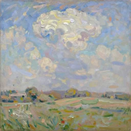 oil paint impasto reliefs summer sussex fields, atmospheric, cumulus clouds, some splattered paint, in the style of monet and frank auerbach