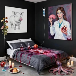 bedroom with black walls and a futon, berry juice dripping, sketch of a pig, a sensual portrait of a female pathologist holding a brain, intravenous drip, wilted flowers, pomegranate, candles, octopus, sensual, pancakes, berries, surgical supplies, scientific glassware, candles, neo - expressionism, surrealism, acrylic and spray paint and oilstick on canvas