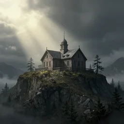 an eerie asylum on top of the mountain, sad, loneliness, god rays, digital art, landscape, fantasy art, octane render, ureal engine, high detail, very realistic, by greg rutkowski. by james gurney