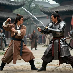 xianxia fantasy, french swordsman fighting chinese swordsman, xuanhuan martial artist fighting european knight, chinese swordsman fighting medieval european swordsman, fantasy, wuxia, pseudo - medieval fantasy, cinematic, 1 9 8 6 movie screenshot