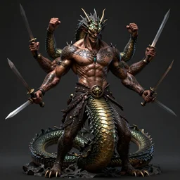 darkfantasy art of 4 - handed specie naga without tail, male, brutal, masculine, muscle, evil, deadly, tatoo, look like barbarian with bronze skin, four handed, arm 4 swords