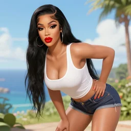 sexy cardi b druid girl wearing a low cut tanktop and shorts, bending down slightly, hand on hips, luscious red lips, scenic view, in the style of ilya kuvshinov, 3 d, high definition anime art, gorgeous, sexy, pretty, curvacious