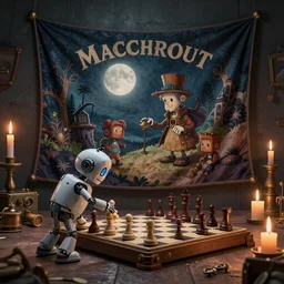 a beautiful tapestry, a small robot playing 3 d chess, ultra detailed, subtle atmospheric lighting, shadows, night, steampunk, moody, candles, moonlight, characters from machinarium, by don bluth, trending on artstation, octane render, 8 k, ultra realistic