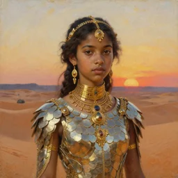 a young dejah thoris on mars wearing a dress made of interlocking plates, after a battle, closeup portrait, intricate gold jewelry, sand dunes to the horizon, sunset, oil painting on canvas, john singer sargent
