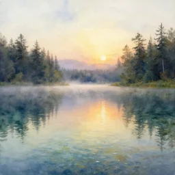 watercolor painting of crystal clear summer lake, reflective, dawn, fog, ambient lighting, art by anders zorn and winslow homer, wonderful masterpiece by greg rutkowski, cinematic light, american romanticism by greg manchess, creation by tyler edlin
