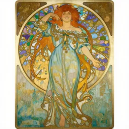 Alphonse Mucha, art nouveau, wood carving, pretty female Hayley Williams Paramore, smile, symmetrical, victorian blue dress, long red hair, full body action pose, gold green blue purple