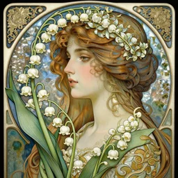 a beautifull intricate woman with lily of the valley, reflexions, verry high details by william turner art, greg rutkowski and alphonse mucha, trending on artstation, very very detailed, masterpiece, - h 7 6 8