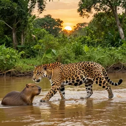 photo of beautiful jaguar crossing a river, in the style of national geographic, capybaras, lush jungle, amazon, sunset
