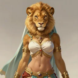 beautiful portrait of a female anthropomorphic lioness fursona dressed as an arabian concubine. exposed midriff and visible abs. character design by charlie bowater, ross tran, artgerm, and makoto shinkai, detailed, soft lighting, rendered in octane