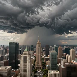 centered photograph of severe weather storms above an Beautiful Orwellian City, architecture, detailed textures, hyper realistic, cinematic lighting, urban art style, climate change, digital art painting by greg rutkowski, cinematic, concept art, 35mm grain filter