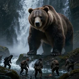 scary picture of a giant grizzly bear looming down at some human poachers near a waterfall, dark fantasy, dnd, extremely detailed, sharp focus, smooth, matte painting, concept art, vaporwave style, chiaroscuro, trending on artstation!!!
