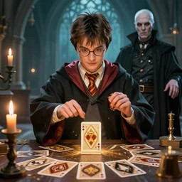 a beautiful illustration of Harry Potter playing cards with Lord Voldemort, artstation trending