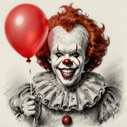 surrealism grunge cartoon portrait sketch of georgie from it with a wide smile and a red balloon by - michael karcz, loony toons style, pennywise style, horror theme, detailed, elegant, intricate