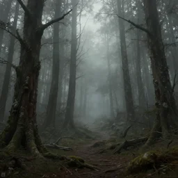 A highly detailed 4K fantasy matte painting of a foggy dead forrest, zdzislaw beksinski, ArtStation, CGSociety, Unreal Engine