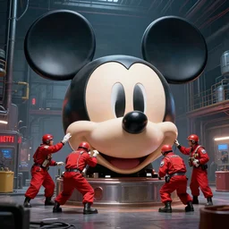 a group of red pilots repair a giant mickey mouse head in a netflix warehouse, cyberpunk art by kuno veeber, cgsociety, retrofuturism, dystopian art, reimagined by industrial light and magic, # vfxfriday, in the style of beeple