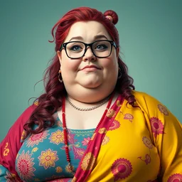 wide angle full body portrait shot fat plus size ugly todd solondz jewish princess wearing flowing colourful clothes, glasses, introvert geek, shy, clear todd solondz female face, highly detailed face, detailed eyes, alphonse mucha, rhads, ross tran, artstation, artgerm, octane render, 1 6 k