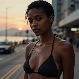 portrait of a beautiful gorgeous black edgy model girl with short hair, bikini, she's sad, sunset, street of hong kong, 8 0 mm lens, 1. 2 aperture, kodak 5 2 1 9, grainy image, close up, cinematic light, very detailed, depressing atmosphere, cover magazine