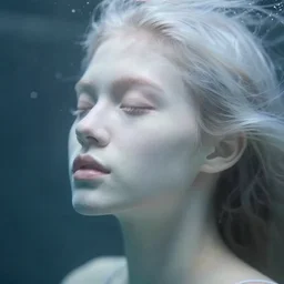 underwater out of focus photorealistic portrait of a beautiful aesthetic pale woman by sarah moon, very blurry, translucent white skin, closed eyes, foggy