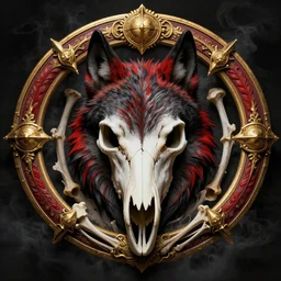 photo portrait of skull of wolf, lying on bones, dramatic lighting, circural, golden ornaments, symmetric, intricate skeletal decorations, symmetry, highly detailed, concept art, black, red, white, gold layers, centered, style of nekroxiii, hyperrealistic, dark background, smoke