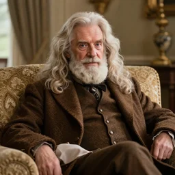 cozy picture of older handsome lord richard is sitting gracefully on a sofa, his eyes look wise, happy wise