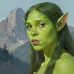 green orc female, light green tone beautiful face beside a mountain, by jeremy mann, by greg rutkowski, by noah bradley, digital painting