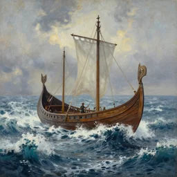 a viking ship on huge waves painting