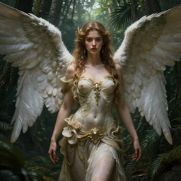 a female angel, jungle, dramatic light, intricate, highly detailed, digital painting, artstation, concept art, smooth, sharp focus, illustration, unreal engine 5, 8 k, art by artgerm and greg rutkowski and alphonse mucha