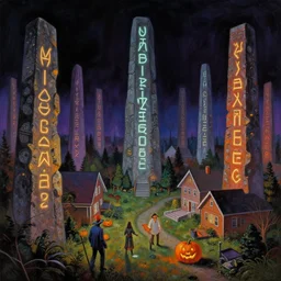 halloween scene in a suburban neighborhood, surrounded by ancient monoliths with glowing runes. highly detailed science fiction painting by norman rockwell, frank frazetta, and syd mead. rich colors, high contrast, gloomy atmosphere, dark background. trending on artstation