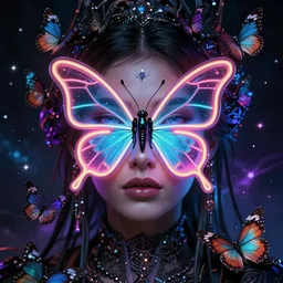 a portrait of a beautiful woman with a neon butterfly covering her face head, fixed eyes, butterflies, cult secret society, cosmic magic, art by james paick, and shaddy safadi, ominous, cosmic horror, trending on artstation, ultra detailed, hyper realistic 4 k, octane, cinema 4 d, c 4 d beeple render