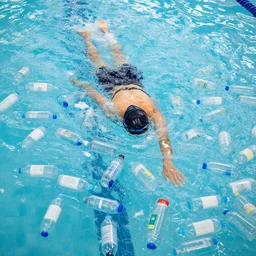 someone swimming in a swimming pool filled with plastic water bottles