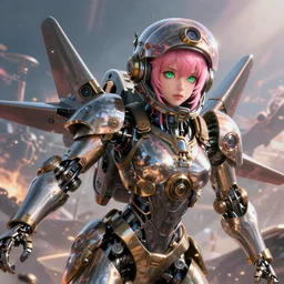 mechanical female steampunk robot fighter pilot mechanical girl with intricate shiny parts and pink hair and green eyes while helmet is jacked into the jet cockpit. beautiful. detailed photorealitic octane unreal. battle background