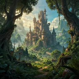 exquisite imaginative fantasy landscape lush forests, gnarly trees, with steampunk castles movie poster by : : james gurney lucusfilm weta studio, trending on artstation james jean frank frazetta