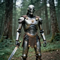middle shot, ancient greek robot warrior standing in front of altai forest with a sword, circa 1 9 8 4, detailed photo