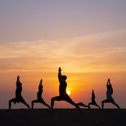 wide range photo silhouette of a man doing yoga, at a beautiful sunset, highly detailed, colorful,