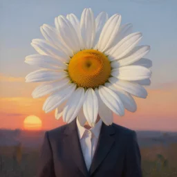massive daisy flower head, frontal, girl in a suit, surreal photography, sunrise, dramatic light, impressionist painting, digital painting, artstation, simon stalenhag