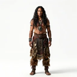 stern shaman with totem, photorealistic portrait photography, full body, standing, isolated on a pure white background, centered, whole figure in frame, sharp focus, studio lighting