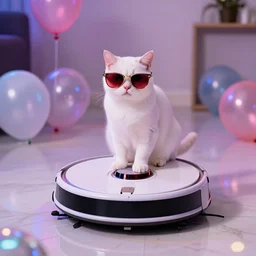 white cat wearing sunglasses,, cat sitting on top of roomba, reflective marble floor, disco party lights, red tinted sunglasses, balloons