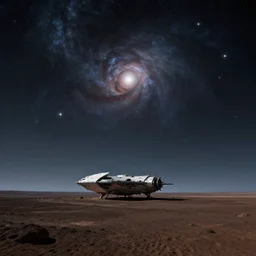beautiful landscape of an alien planet with spectacular astronomical sky, a landed spaceship stands lost in the loneliness, matte painting, cinematic, dramatic atmosphere, detailed, atmospheric, wide angle, artstation trending